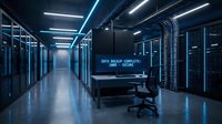 Modern data center server room with rows of network equipment racks and monitoring workstation for cloud computing and IT infrastructure management.
