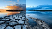 Dramatic split view comparison of drought-affected cracked earth during sunset and normal water levels at dusk showing environmental impact on lake shoreline.