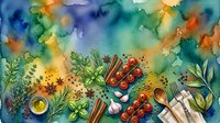 Overhead view of fresh vegetables and herbs arranged on watercolor background with cooking utensils for culinary, recipe, and food preparation design projects.
