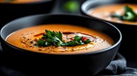 Creamy orange pumpkin or carrot soup garnished with fresh parsley and black pepper in dark bowl against black background, moody food photography.