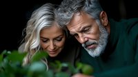 Mature couple sharing intimate moment among green plants, silver-haired woman and bearded man in emerald sweater express genuine connection and tenderness in natural setting.