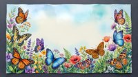 Watercolor butterfly garden frame with colorful monarchs, blue morphos and wildflowers creating decorative border on white background for spring designs.