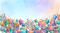 Colorful celebration border with wrapped gifts, balloons, and festive decorations on watercolor background. Perfect for party invitations, greeting cards, and event designs.