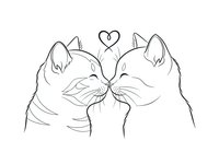 Two cats touching noses in romantic gesture with heart symbol above, minimalist line art style isolated on white background for pet lover designs.
