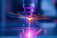 Bright sparks and glowing plasma during industrial laser cutting process on metal surface with purple and blue lighting effects and reflection.