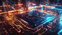 Futuristic microchip with glowing circuit pathways in orange and blue neon lights, representing advanced technology, artificial intelligence, and digital innovation for tech industry applications.