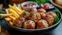 Juicy grilled meatballs served with golden french fries, fresh herbs and dipping sauces in black bowl, close up view of appetizing homemade dinner.