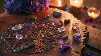 Mystical altar setup with ornate tree of life symbol, amethyst crystals, candles and dried flowers for spiritual meditation and healing practices.