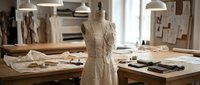 Fashion designer atelier with dress on mannequin, fabric samples and sketches on wooden tables in bright creative workspace for clothing design projects.