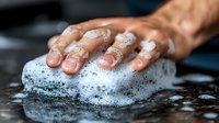Hand with soap foam washing and cleaning, close up view of bubbles and water drops on skin in dark moody lighting. Perfect for hygiene concepts.