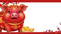 Cute red pig with golden decorations and coins on white background for Chinese New Year celebration, fortune and prosperity themed design projects.