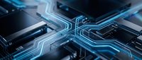 Futuristic circuit board with glowing blue pathways and electronic components for technology and innovation concepts in digital design projects.