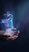 Glowing holographic female dancer emerging from cupped hands against dark blue background. Digital art concept for creativity and imagination projects.