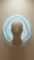 Faceless male head with glowing turquoise and purple energy aura surrounding it, representing mindfulness, consciousness, and spiritual awakening for wellness and meditation concepts.