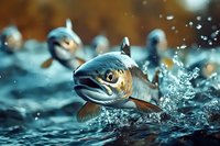 Dramatic close-up of salmon fish jumping upstream in splashing water with bokeh effect background, showing detailed scales and determined expression in natural setting.