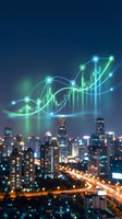 Glowing financial charts and graphs overlay city skyline at night showing business growth trends and market analysis for investment presentations.
