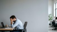 Young man with dark hair and beard, wearing light blue shirt, sitting at wooden desk with laptop, hand on face in stressed or thoughtful pose, modern office environment with gray walls and natural light.