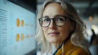 Professional blonde businesswoman with glasses analyzing data charts and graphs in modern office environment for corporate presentations and strategic planning.