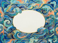 Ornate swirling cloud frame with empty oval center space for text or design elements in vibrant blue and gold colors on decorative border background.