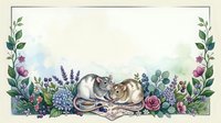 Two cute rats resting among watercolor flowers and greenery, framed border with copy space, soft pastel tones for greeting cards or stationery.
