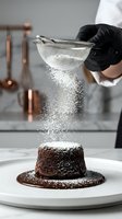 Chef in black gloves sifting powdered sugar onto warm chocolate cake on white plate in modern kitchen with copper utensils.
