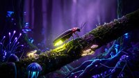 Glowing firefly on mossy branch in enchanted forest with purple aurora lights creating magical nighttime atmosphere for fantasy designs.