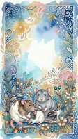 Watercolor frame with cute rat family surrounded by ornate floral border and decorative elements on white background for greeting cards and invitations.