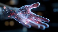Glowing magical hand silhouette with sparkling red and blue particles floating in dark space creates mystical atmosphere for fantasy and spiritual concepts.