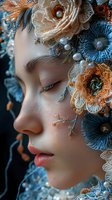 Close-up profile of young Asian woman with delicate lace flowers, pearls and intricate floral decorations in blue and peach tones adorning her face in dreamy composition.