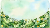 Watercolor garden border with fresh cucumbers, zucchini, yellow flowers and green vines on white background, isolated design element for culinary projects and seasonal layouts.