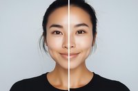 Young Asian woman with natural makeup smiling at camera, split face comparison showing skin texture and tone differences against gray background.
