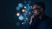 Middle-aged bearded Hispanic businessman in glasses contemplating digital technology concept with glowing network connections and gear icons on dark background.
