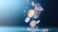 Digital cryptocurrency coins with Bitcoin symbols falling and splashing in water against blue gradient background, representing financial technology, digital currency trading, blockchain investment, and modern finance concepts.