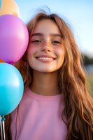 Young Caucasian woman with long brown hair smiling brightly while holding colorful balloons, wearing pink sweater against blue sky background. Perfect for happiness themes.