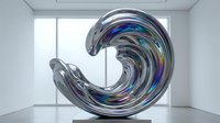 Reflective metallic spiral sculpture with iridescent blue and rainbow colors in modern gallery space with white walls and natural light.