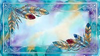 Watercolor feathers frame with ornate border in turquoise and purple tones. Native American inspired design for greeting cards, invitations, spiritual artwork.