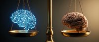 Golden balance scale weighing digital brain circuit pattern against human brain representing artificial intelligence versus natural intelligence comparison.