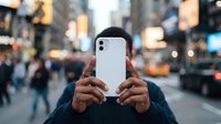 Person with medium skin tone holding white smartphone in busy urban street with blurred city background and crowds, capturing moment with mobile device technology.