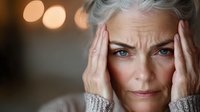 Mature woman with gray hair experiencing headache holds temples with hands, showing signs of stress, anxiety or migraine against blurred background.