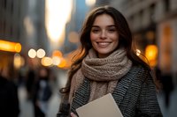 Young Hispanic woman wearing winter coat and knit scarf smiling outdoors at dusk with urban bokeh lights background, holding documents, expressing joy and confidence.