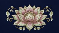 Ornate lotus flower with decorative swirls and leaves in pink and gold tones on dark blue background for meditation, yoga, spiritual designs.