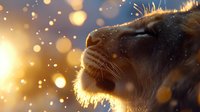 Majestic lion profile with golden bokeh lights and sparkling particles creating magical atmosphere for wildlife and nature themed designs.