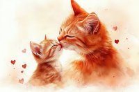 Tender moment between ginger mother cat and kitten touching noses against soft beige background with floating heart shapes, watercolor style artwork.