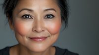 Asian woman with warm genuine smile and natural makeup against gray background, radiating confidence and positivity in professional headshot style portrait.