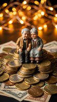 Elderly couple figurines sitting on golden coins with warm bokeh lights background representing retirement savings and financial security planning.