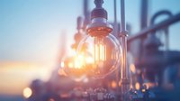 Vintage glowing light bulb with warm filament against blurred industrial background, creating atmospheric mood with soft bokeh lighting effects.
