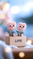 Cute pink yarn flowers with smiling faces in wooden box with love text, soft bokeh background. Handmade decorative elements for romantic design and valentines.