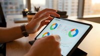 Business professional analyzing financial data charts and graphs on tablet device in modern office environment for strategic planning and decision making.