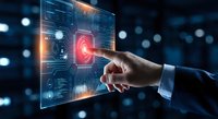 Businessman touching futuristic holographic interface with glowing red security lock icon on transparent digital screen for cybersecurity technology concepts.