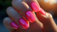 Vibrant pink manicured nails with glossy finish catching sunlight, creating a shimmering effect against soft skin tones and natural bokeh background.